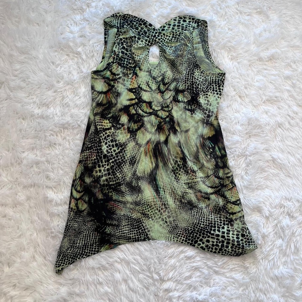 Y2K Green Animal & Floral Print Baby Doll Rhinestone Asymetrical Hem Top Medium - Picture 8 of 8
